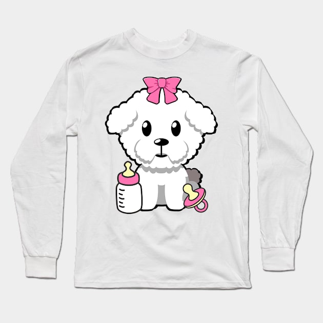 cute baby furry dog wears a pink ribbon Long Sleeve T-Shirt by Pet Station